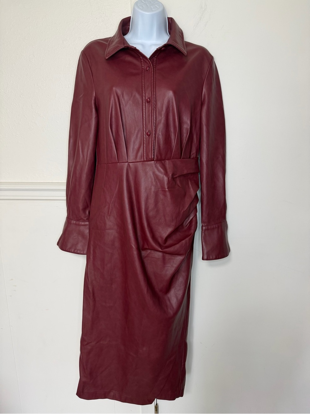 Avec Les Filles Burgundy Faux Leather Long-Sleeve Shirt Dress M